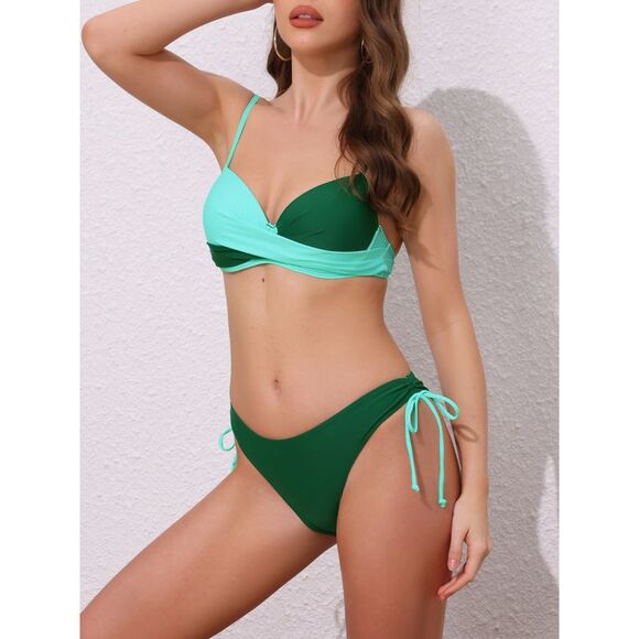 Cross Contrast Color 2 Piece Tie Size Triangle Bottoms Swimwear Green - Picture 2 of 7